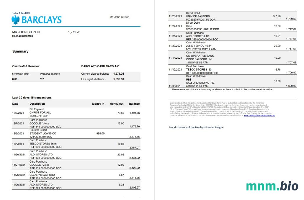 Wielka Brytania Barclays wyciąg bankowy szablon w .xls i .Format pdf, Wersja 2